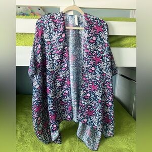 Mia & Tess Women’s Open Front Cover-up / Kimono Top Navy & Pink Starfish Print